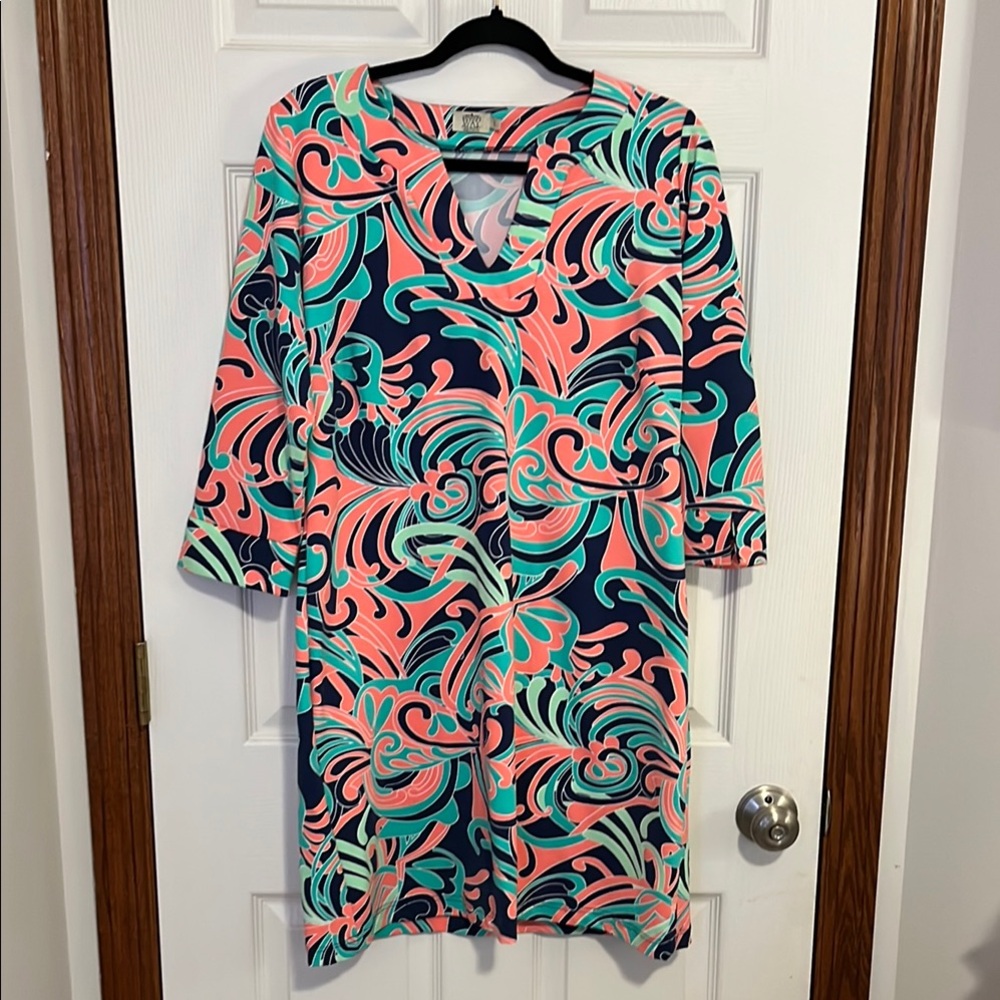 Katherine Way Coral, Navy & Mint Green Swirl Pattern Dress - Women’s Large